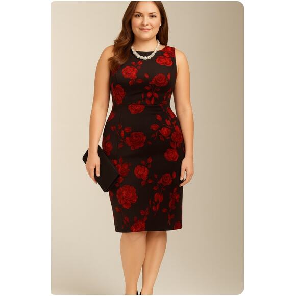TALBOTS Sleeveless Sheath Dress Black Red Rose Print Velveteen Size 14P - Picture 1 of 7